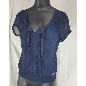 Hollister Chiffon Ruffle Pintuck Blouse Size Small Sheer Navy‎ Blue Shirt Y2K